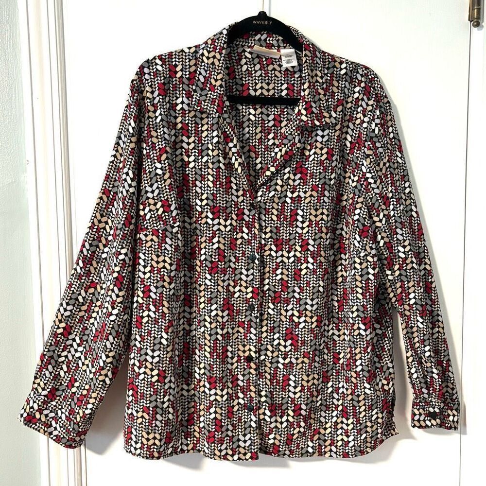 Alfred Dunner 16W black red beige pattern button front blouse long sleeve